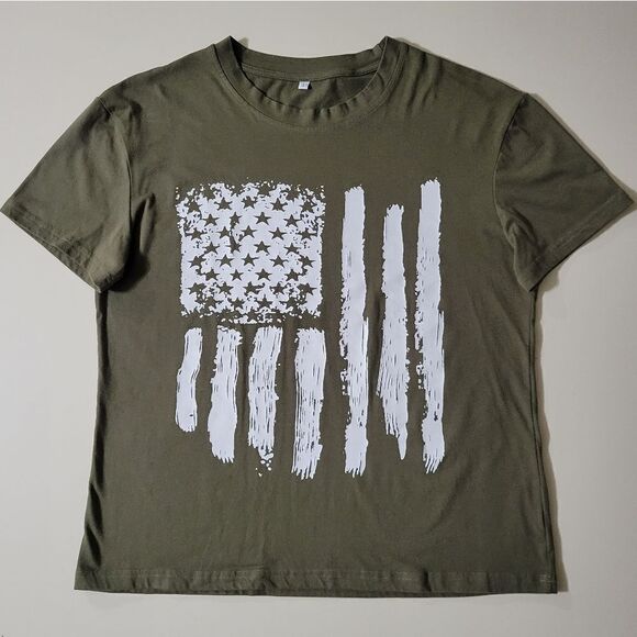 Women's Army Green American Flag Graphic Crewneck Short Sleeve Tee - Picture 4 of 12